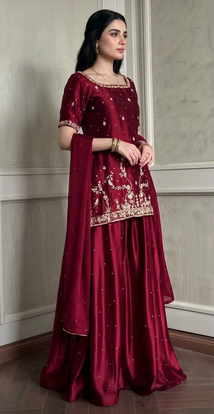 Burgundy Sheesha Silk Short Kurti Set with Flared Lehenga & Medium Silk Dupatta