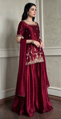 Burgundy Sheesha Silk Short Kurti Set with Flared Lehenga & Medium Silk Dupatta