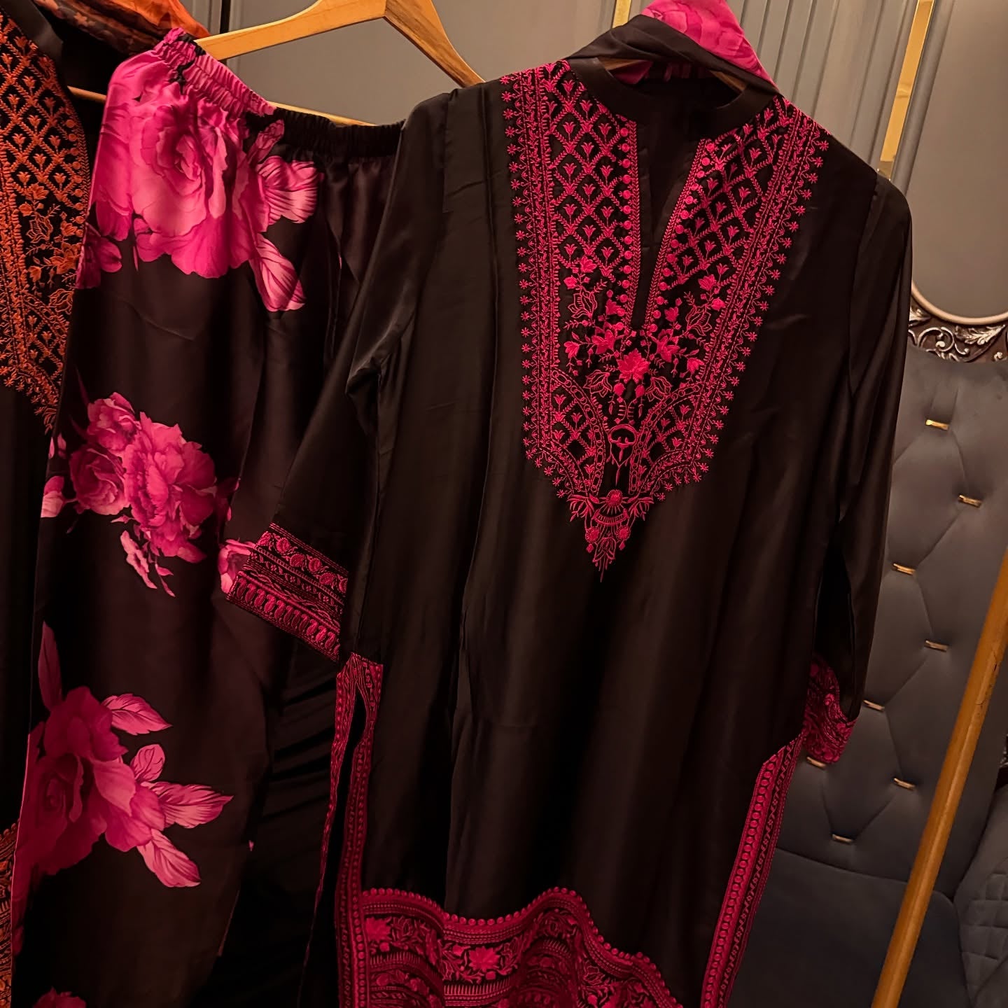Shamoz Silk Embroidered Long Shirt Set – 3 Piece | Ready to Ship
