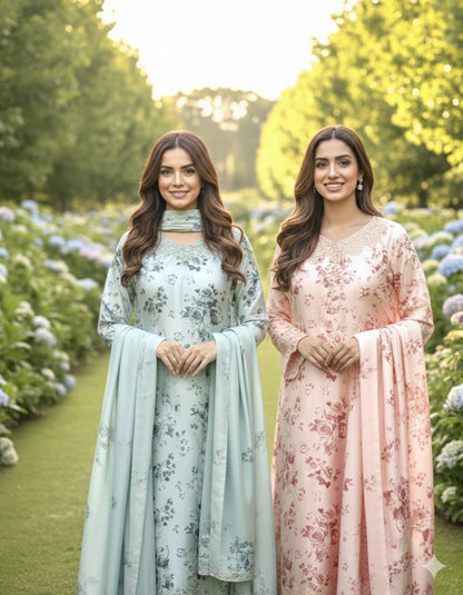 Floral Digital Printed Silk Long Shirt with Palazzo & Silk Dupatta – 3 Piece Set