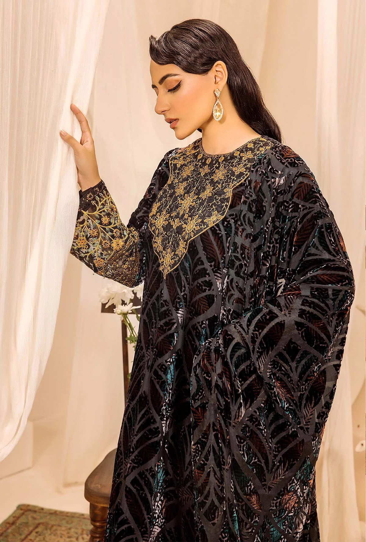 Black Stitched Embroidered Micro-Velvet Salwar Kameez and Dupatta