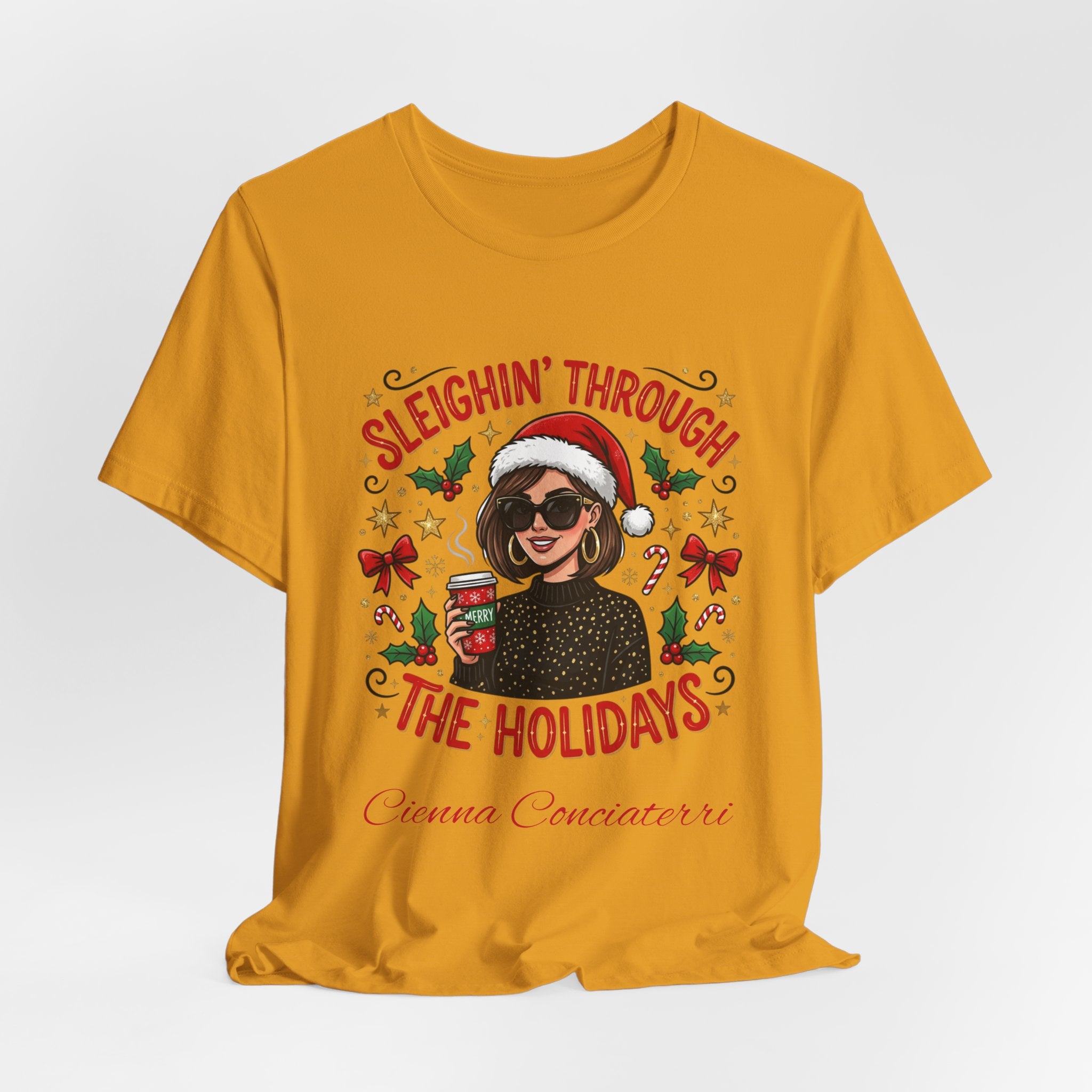 Sleighin' Through the Holidays Tee — Christmas Coffee Graphic Tee