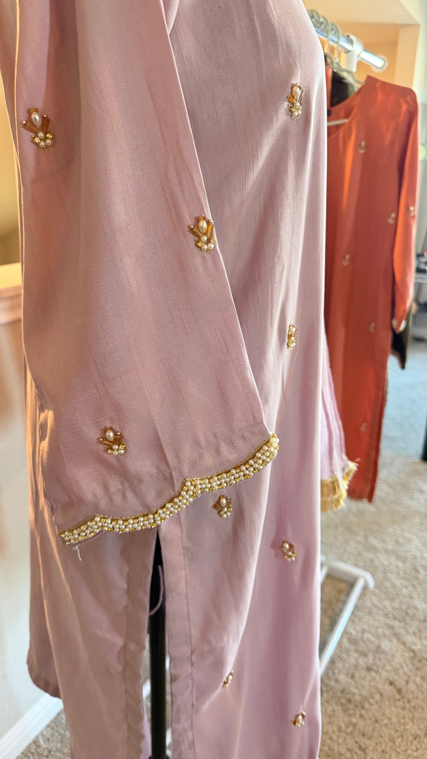 Korean Raw Silk Booti Shirt with Farshi Salwar & Chiffon Dupatta – 3 Piece Set