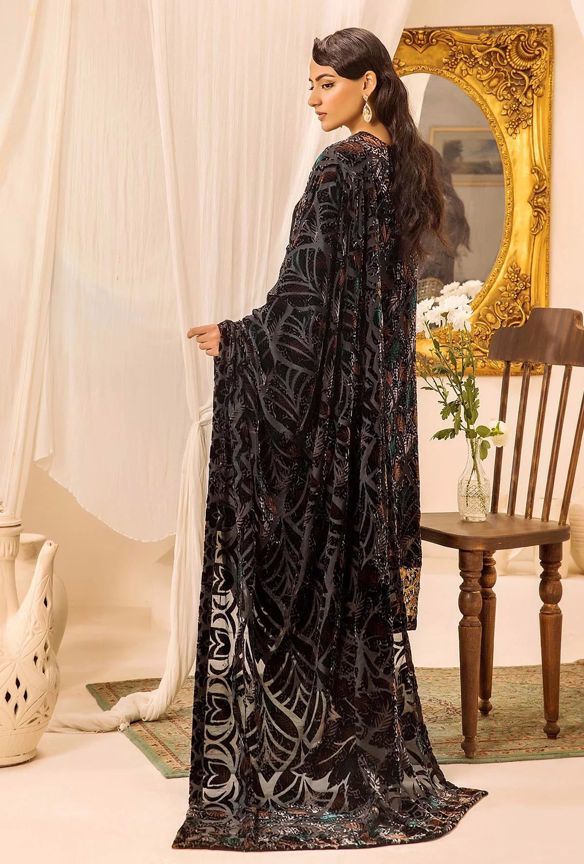 Black Stitched Embroidered Micro-Velvet Salwar Kameez and Dupatta