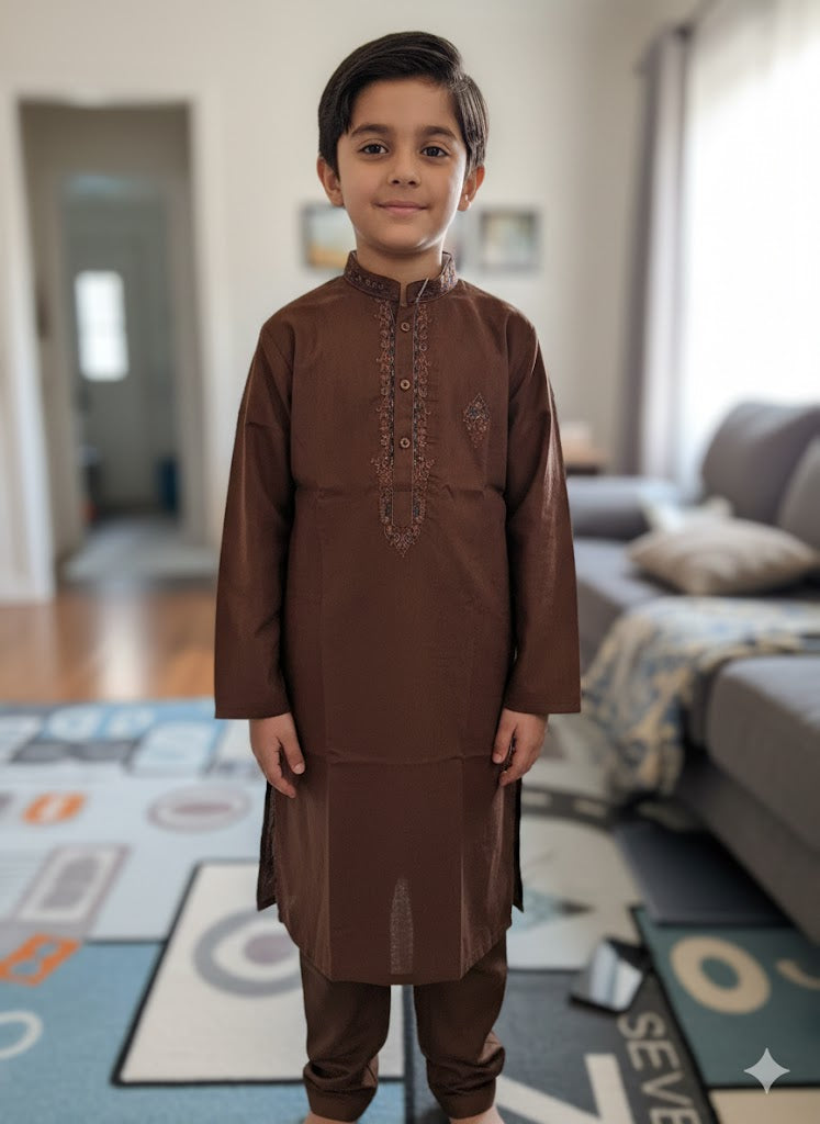 Brown embroidered kurta salwar boys