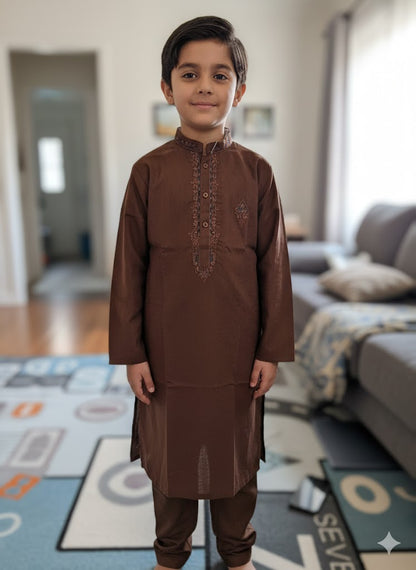 Brown embroidered kurta salwar boys