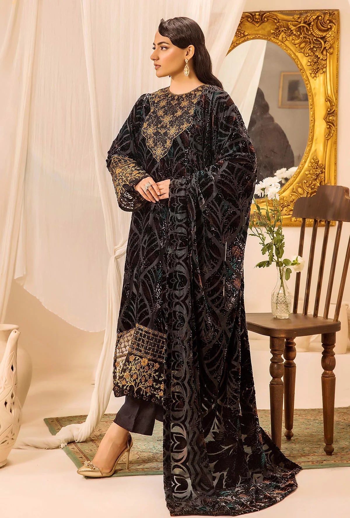 Black Stitched Embroidered Micro-Velvet Salwar Kameez and Dupatta