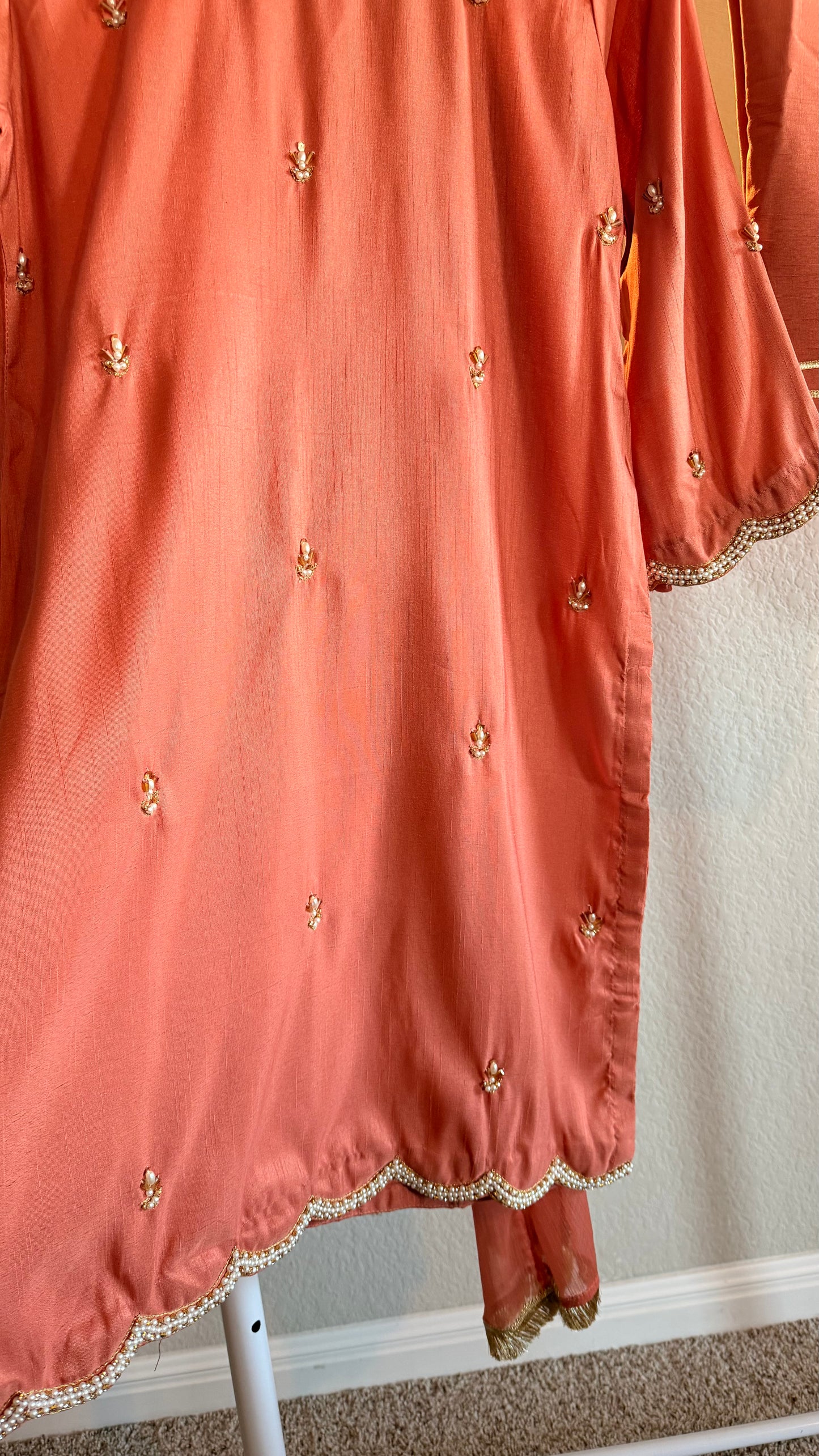 Korean Raw Silk Booti Shirt with Farshi Salwar & Chiffon Dupatta – 3 Piece Set