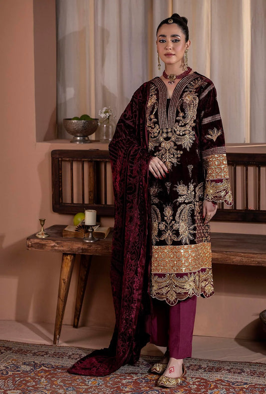 Plachi-0008 Stitched Embroidered Velvet Salwar Kameez with Velvet Shawl