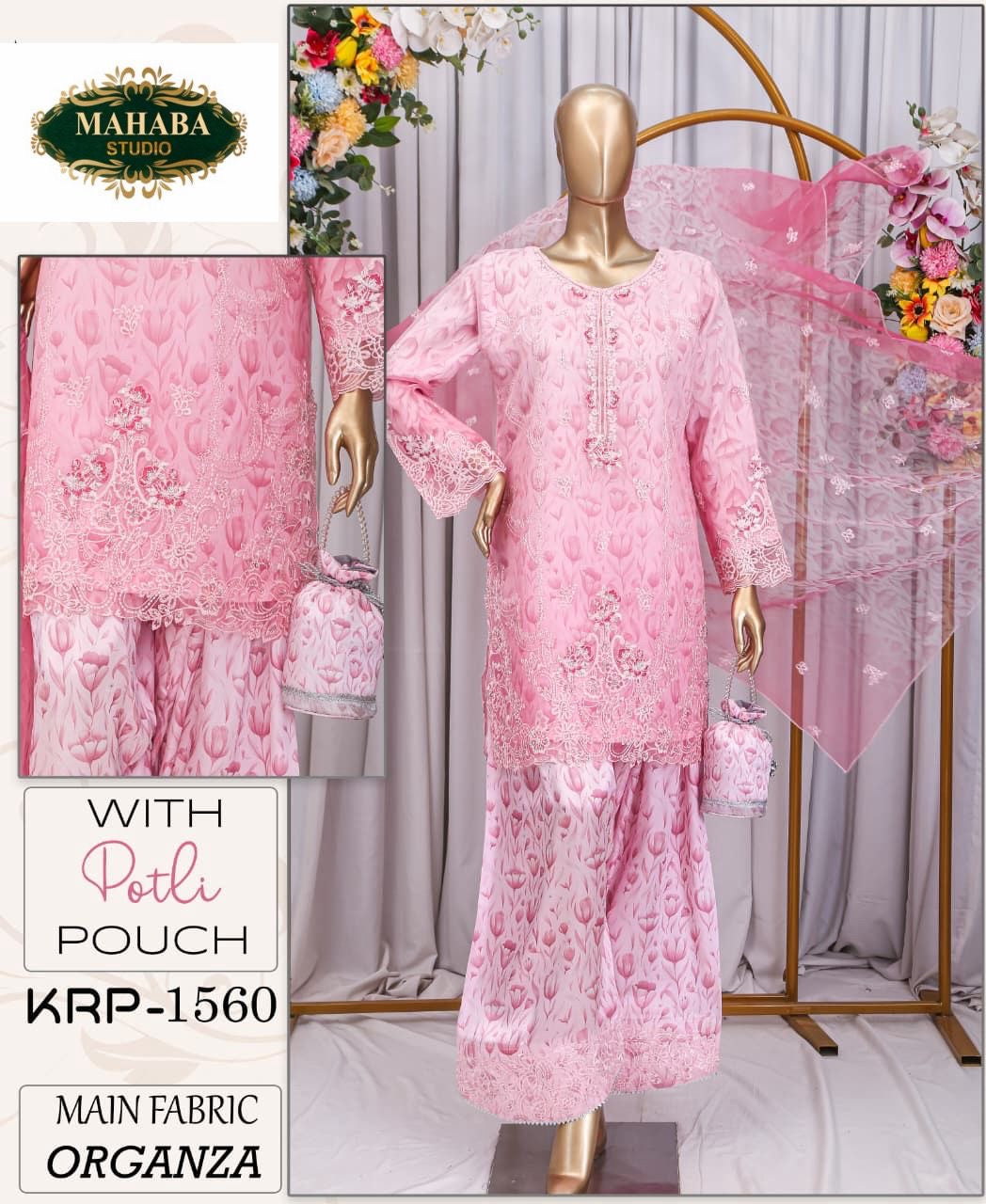 Farshi Salwar Set – Printed Organza with Hand Embellishments & Matching Potli