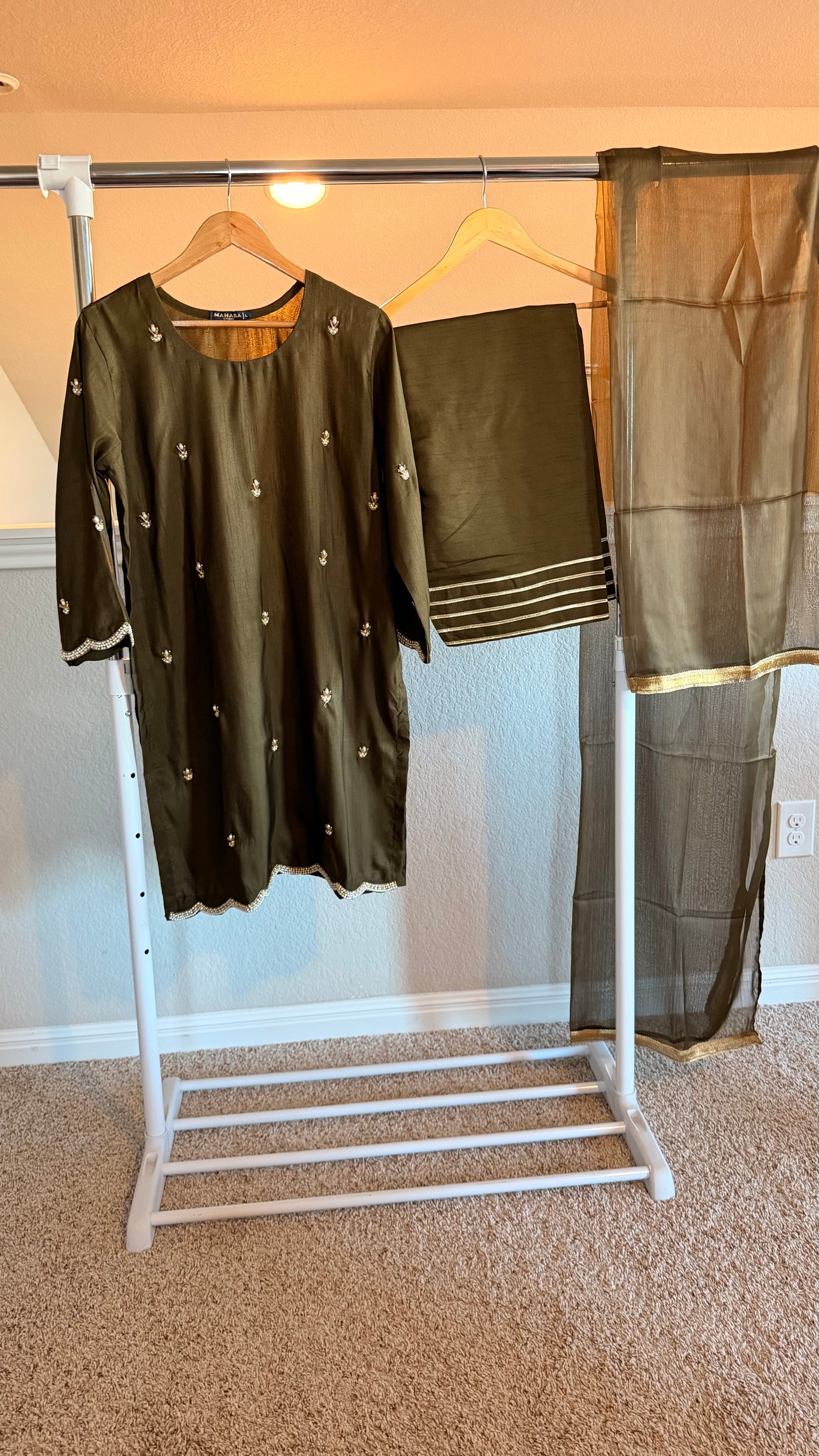 Korean Raw Silk Booti Shirt with Farshi Salwar & Chiffon Dupatta – 3 Piece Set