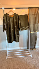 Korean Raw Silk Booti Shirt with Farshi Salwar & Chiffon Dupatta – 3 Piece Set
