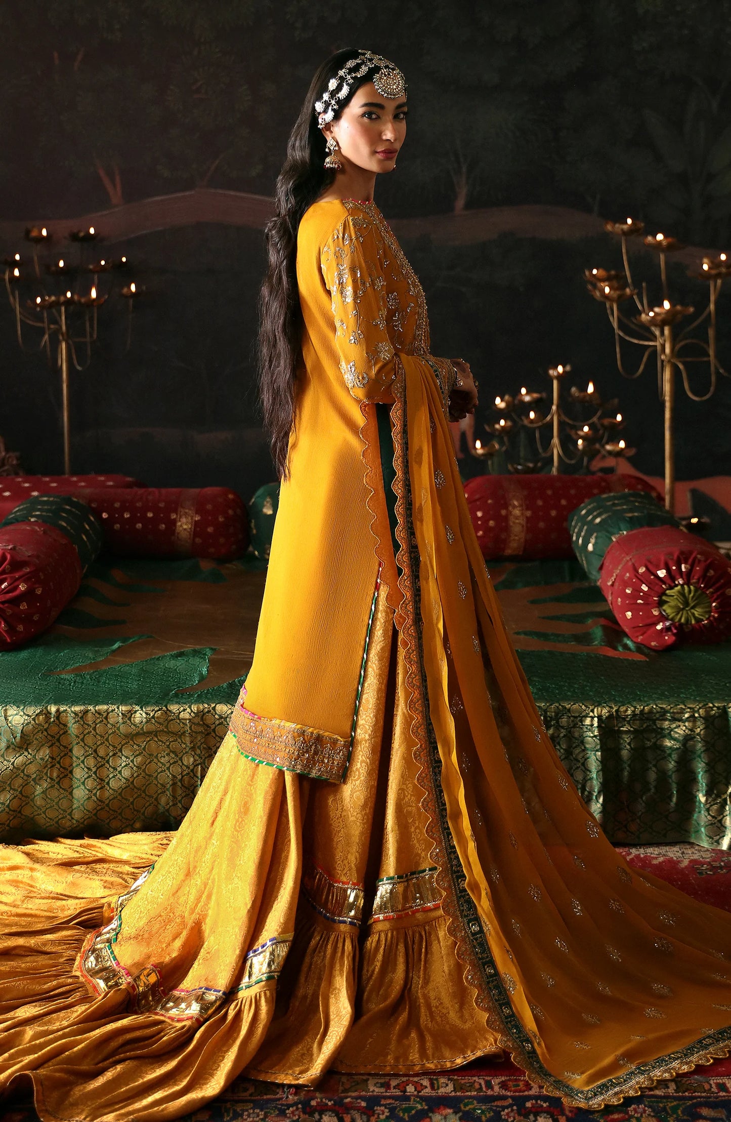 side view of EA-Roshan Jahan suit with chiffon and organza embroidery