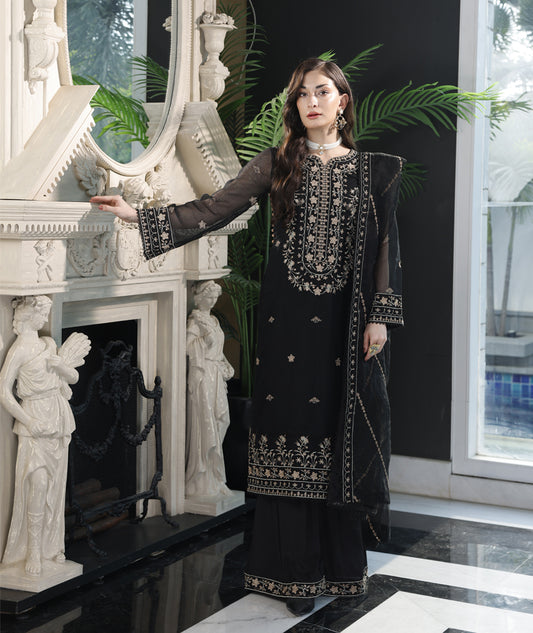 Midnight Black khaddi net embroidered 3pc Suit