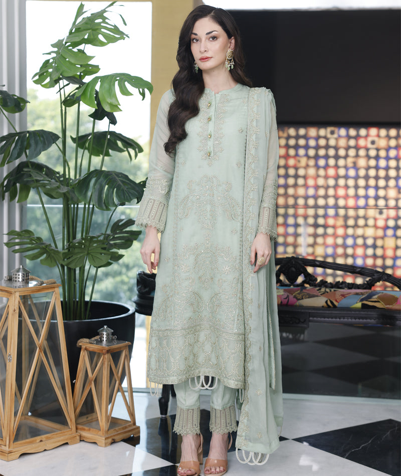 Seafoam khaddi net embroidered 3pc Suit