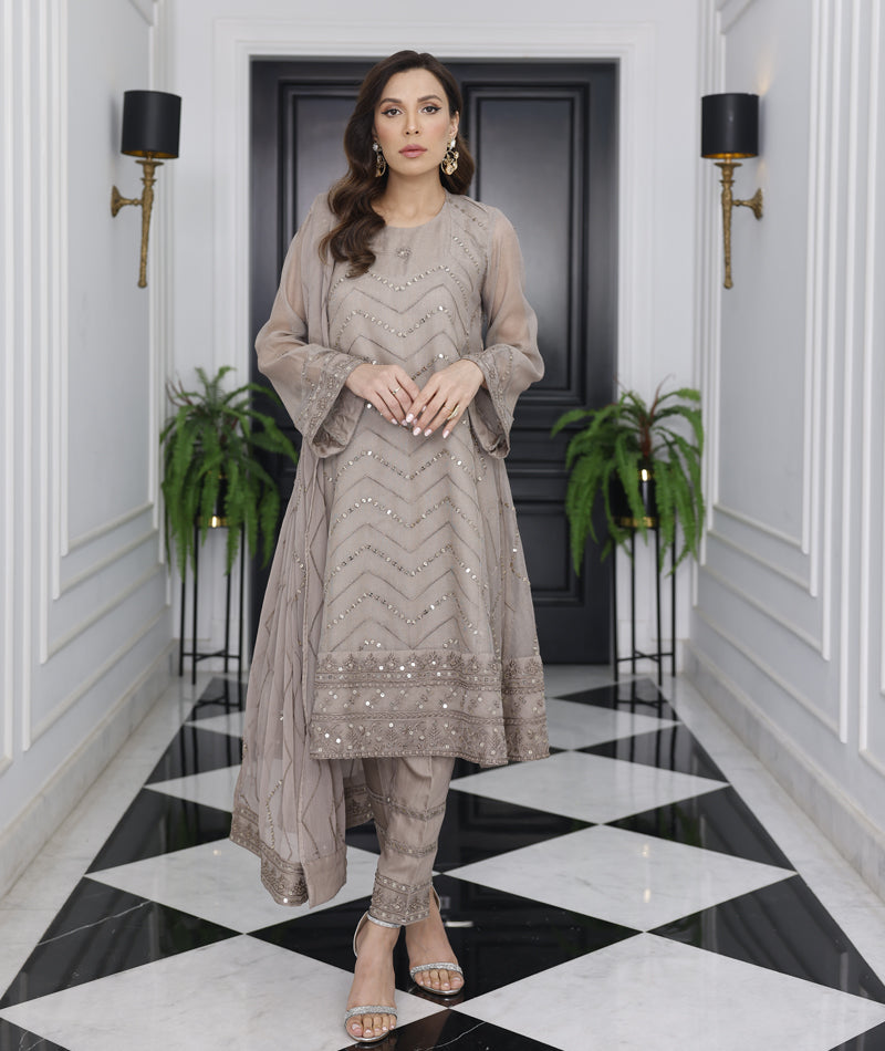 Lava Gray 3PC suit with chiffon dupatta and raw silk trouser