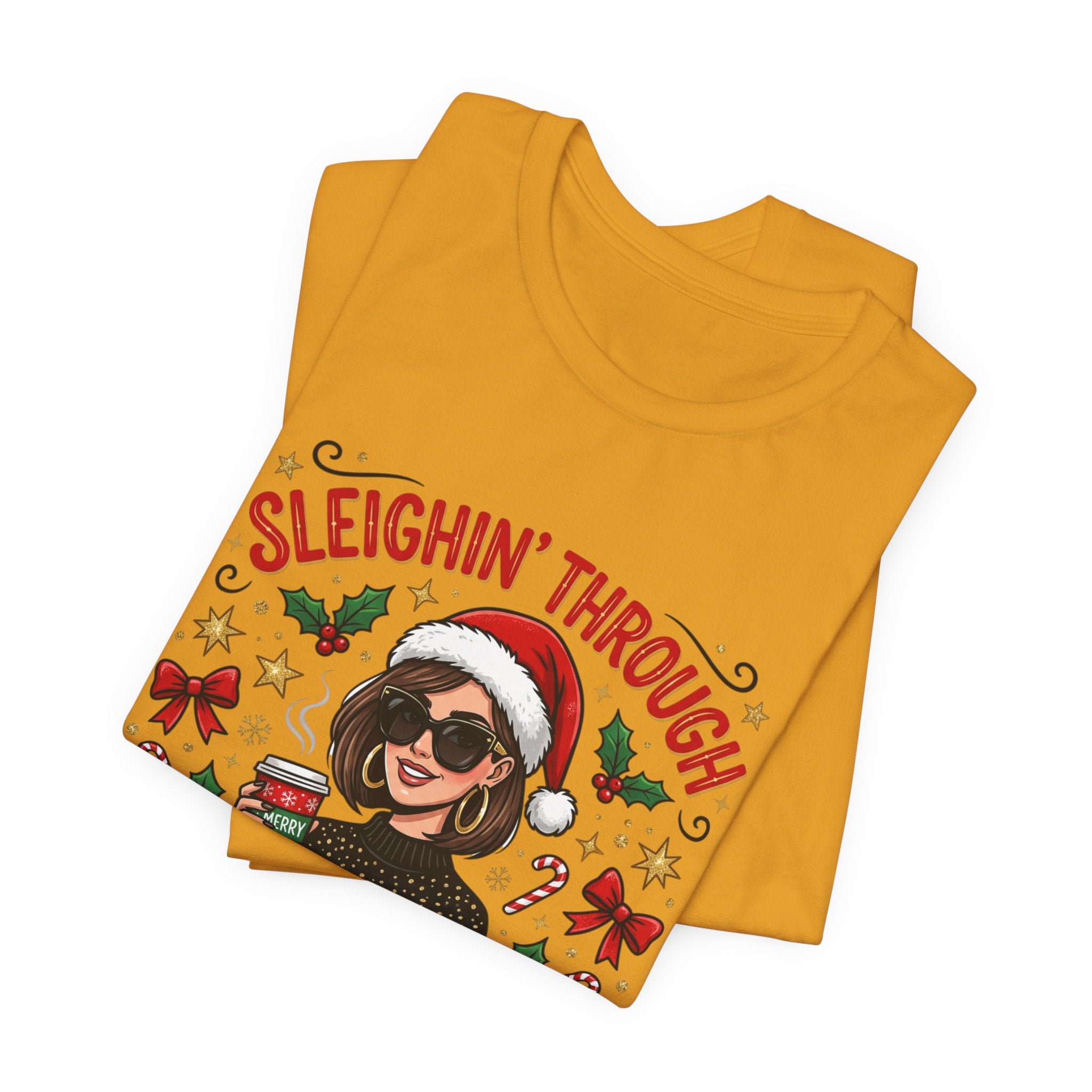 Sleighin' Through the Holidays Tee — Christmas Coffee Graphic Tee