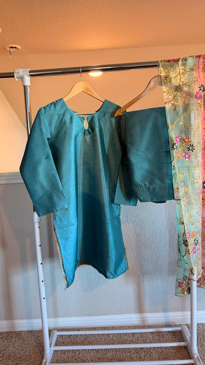 Korean Raw Silk Salwar Suit – Plain Elegance with Heavy Embroidered Organza Dupatta | 3 Piece Set