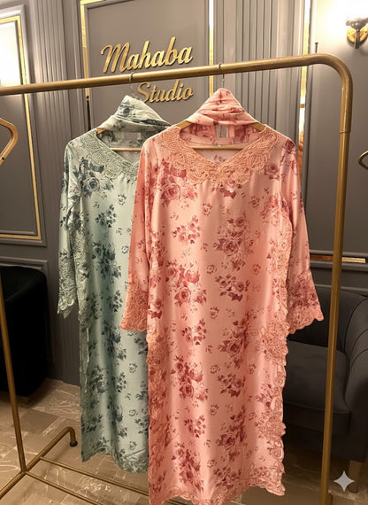 Floral Digital Printed Silk Long Shirt with Palazzo & Silk Dupatta – 3 Piece Set