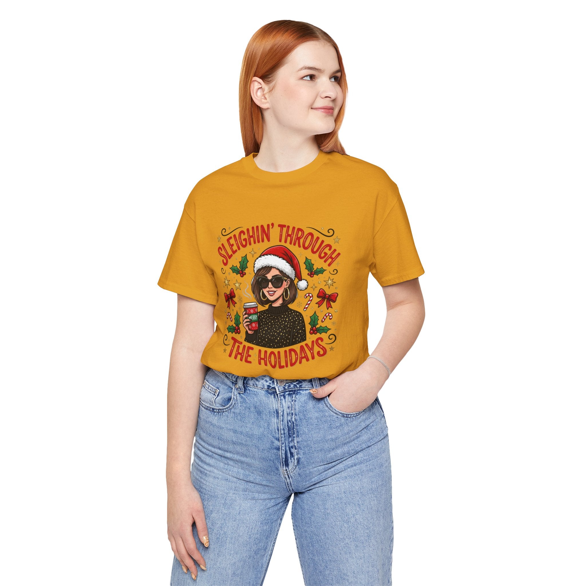 Sleighin' Through the Holidays Tee — Christmas Coffee Graphic Tee