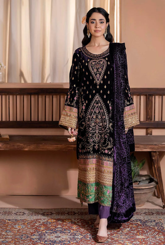 Plachi-0004 Stitched Embroidered Velvet Salwar Kameez with Velvet Shawl