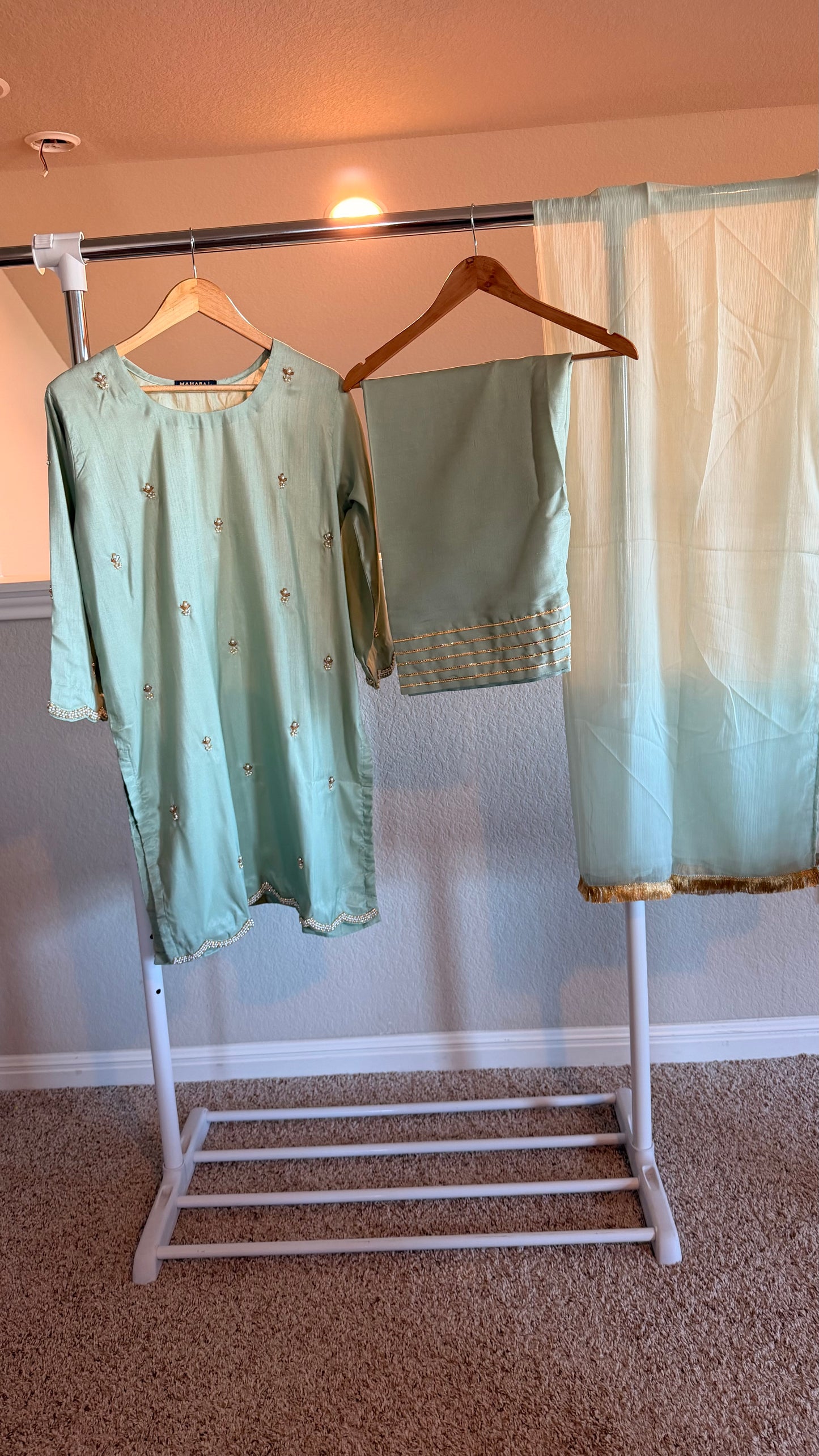 Korean Raw Silk Booti Shirt with Farshi Salwar & Chiffon Dupatta – 3 Piece Set