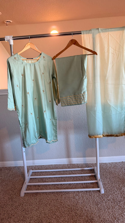 Korean Raw Silk Booti Shirt with Farshi Salwar & Chiffon Dupatta – 3 Piece Set