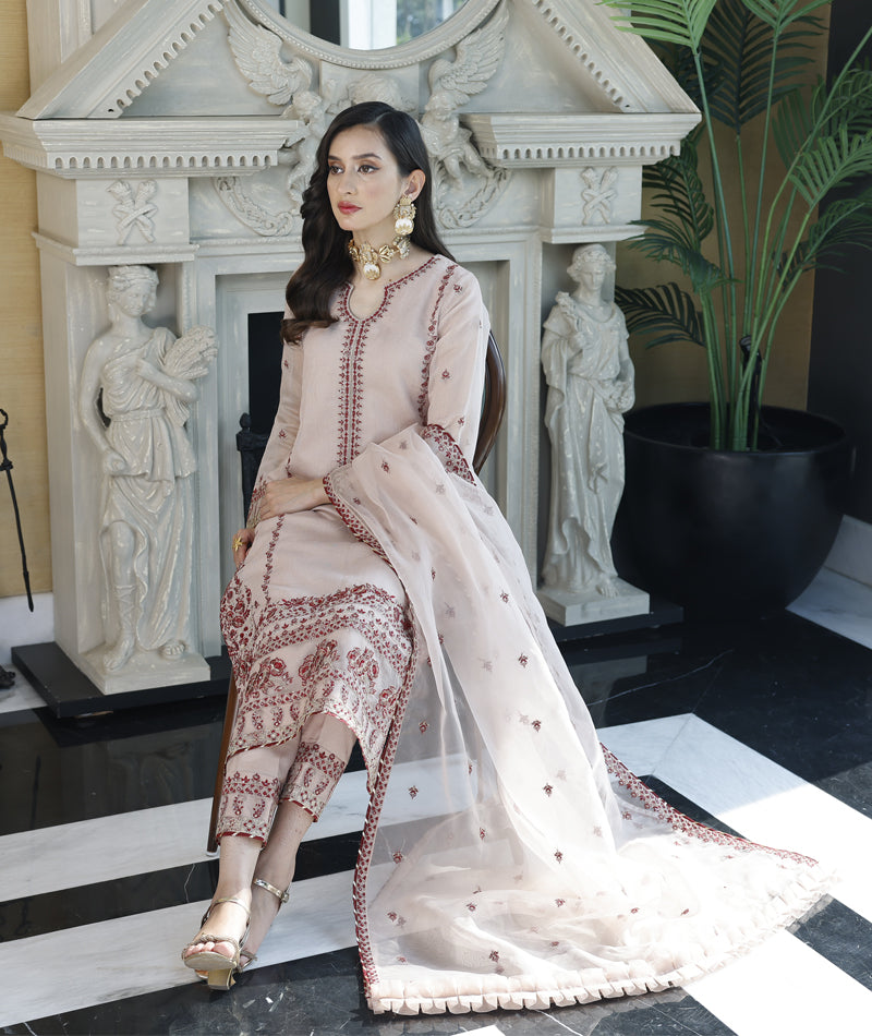 Old Rose khaddi net embroidered 3-piece suit with organza dupatta