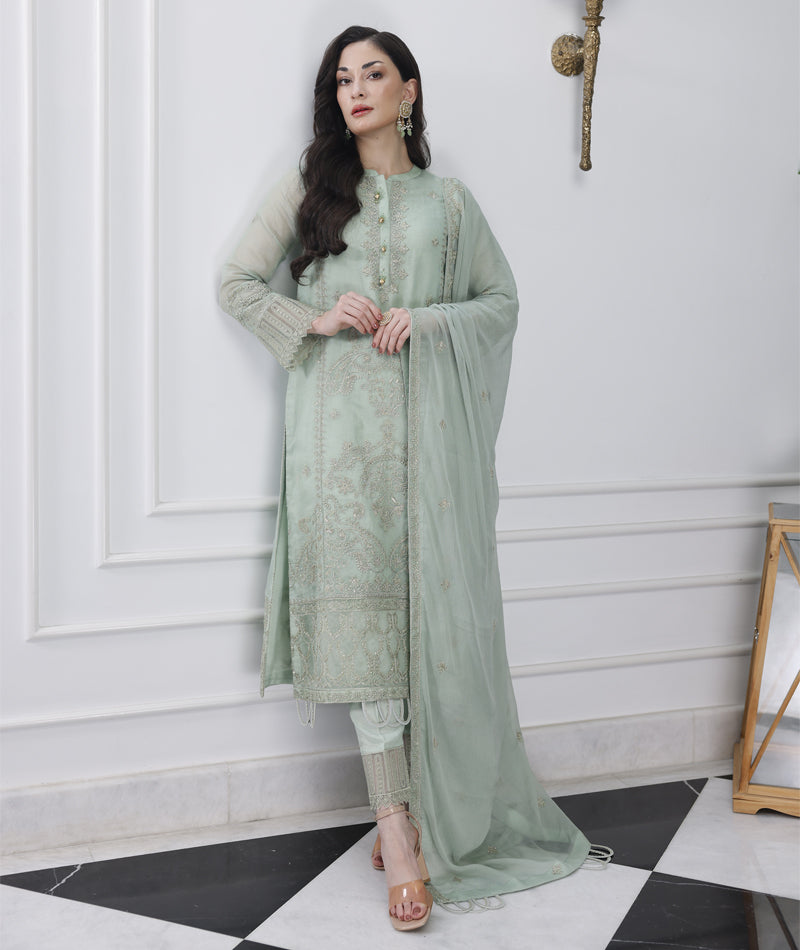 full view of Seafoam khaddi net embroidered 3pc Suit