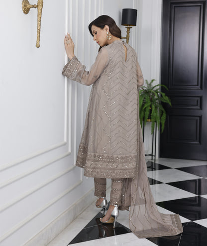 Back view of Lava Gray embroidered khaddi net shirt