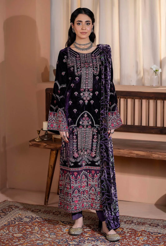 Plachi-0001 Stitched Embroidered Velvet Salwar Kameez with Velvet Shawl