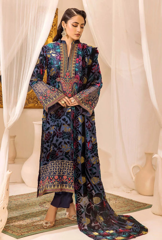 Gray Stitched Embroidered Micro-Velvet Salwar Kameez and Dupatta