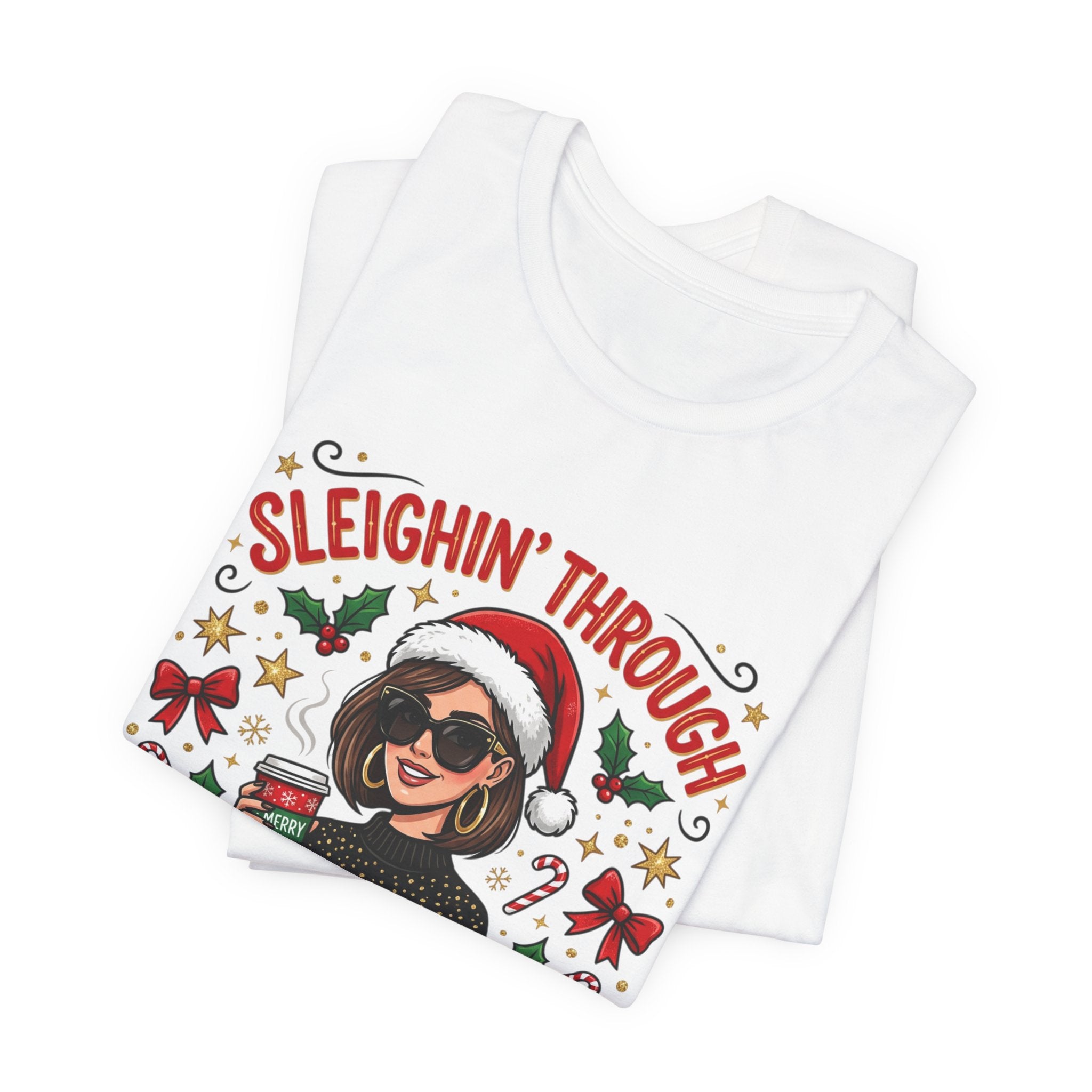 Sleighin' Through the Holidays Tee — Christmas Coffee Graphic Tee