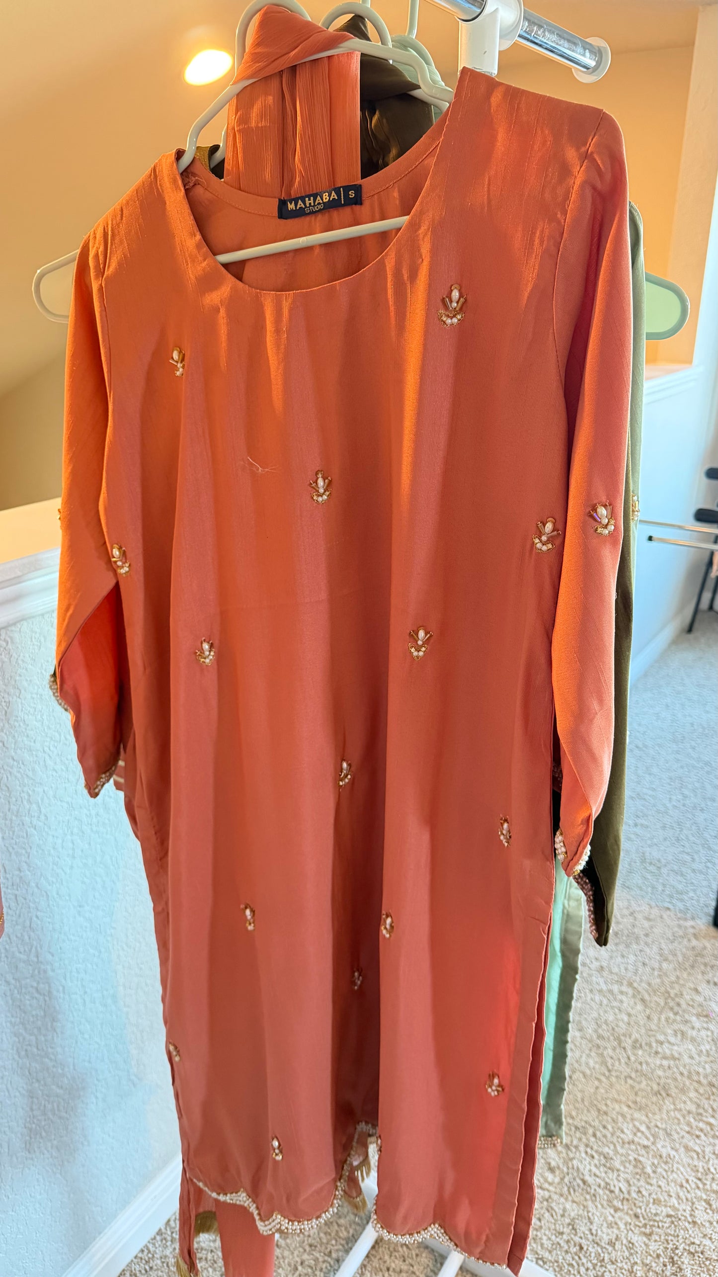 Korean Raw Silk Booti Shirt with Farshi Salwar & Chiffon Dupatta – 3 Piece Set