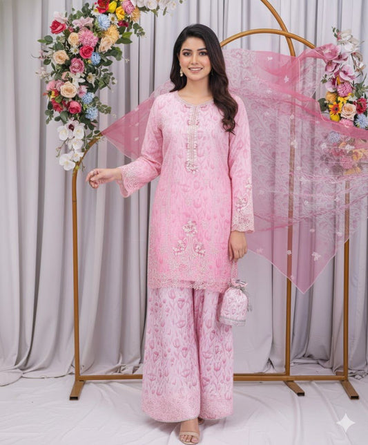 Farshi Salwar Set – Printed Organza with Hand Embellishments & Matching Potli