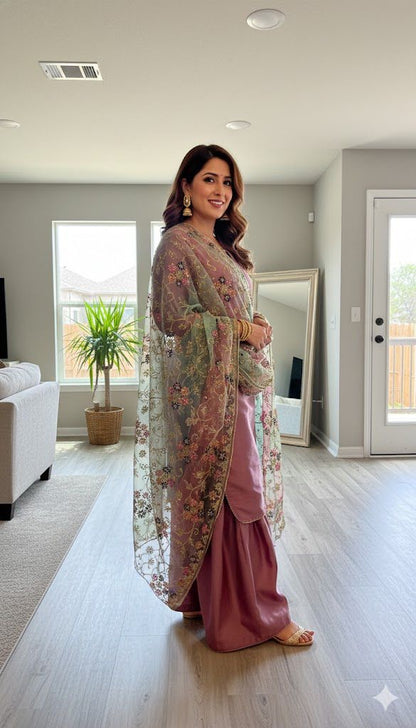 Korean Raw Silk Salwar Suit – Plain Elegance with Heavy Embroidered Organza Dupatta | 3 Piece Set