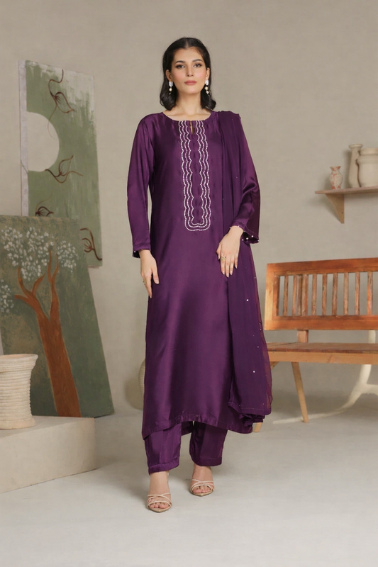 Shamoz Silk Straight Trouser & Shirt- 3Pcs