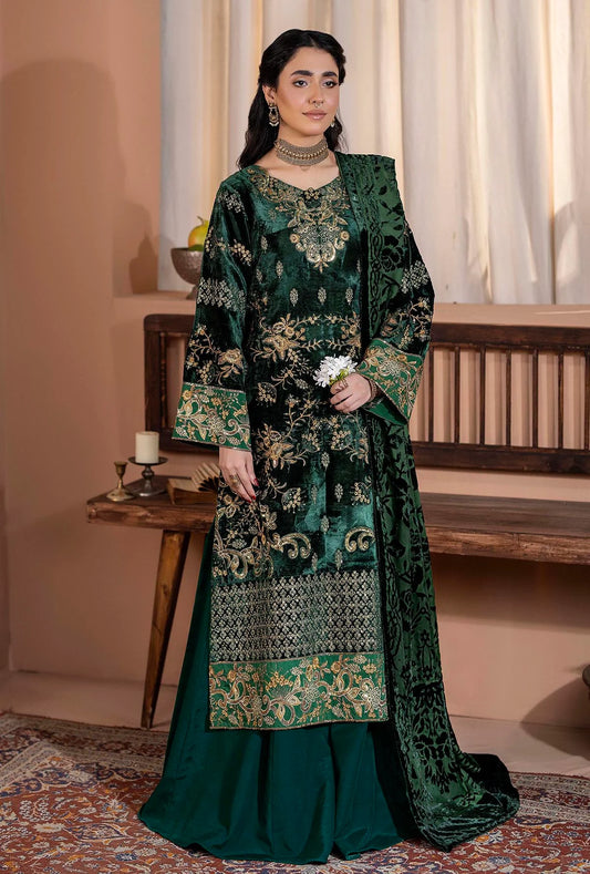 Plachi-0005 Stitched Embroidered Velvet Salwar Kameez with Velvet Shawl