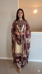 Shamoz Silk Embroidered Off-White Gold Long Shirt Set – 3 Piece | Ready to Ship
