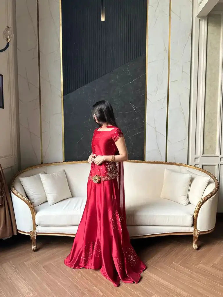 Ruby Red Embellished Gharara Set ✨