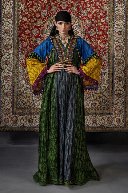 P-303 - Long Kaftan with dupatta and trouser - Multicolor