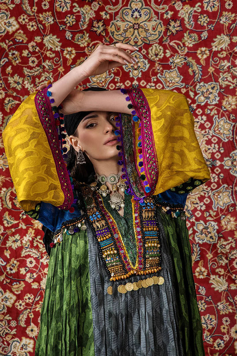 P-303 - Long Kaftan with dupatta and trouser - Multicolor