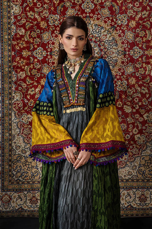 P-303 - Long Kaftan with dupatta and trouser - Multicolor