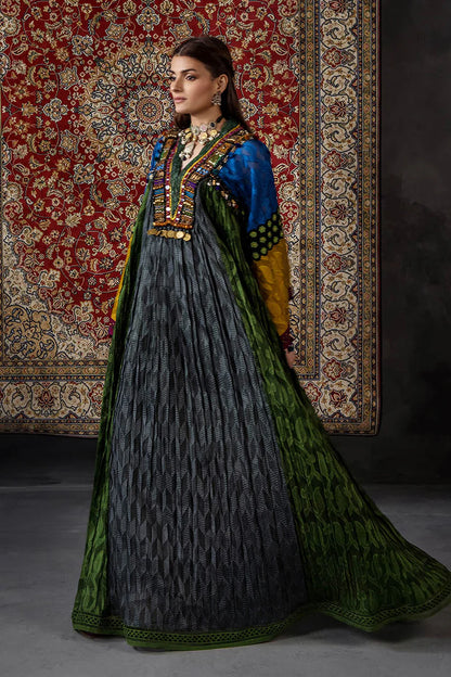 P-303 - Long Kaftan with dupatta and trouser - Multicolor
