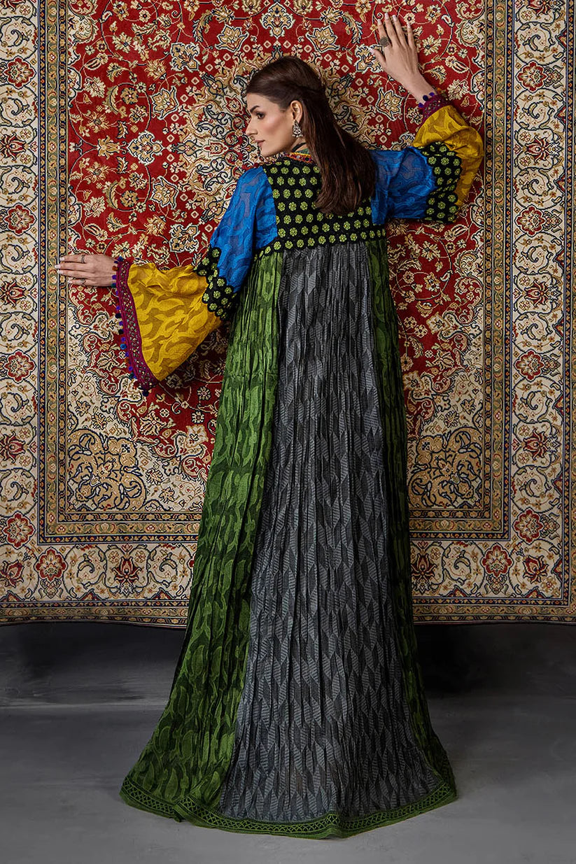 P-303 - Long Kaftan with dupatta and trouser - Multicolor