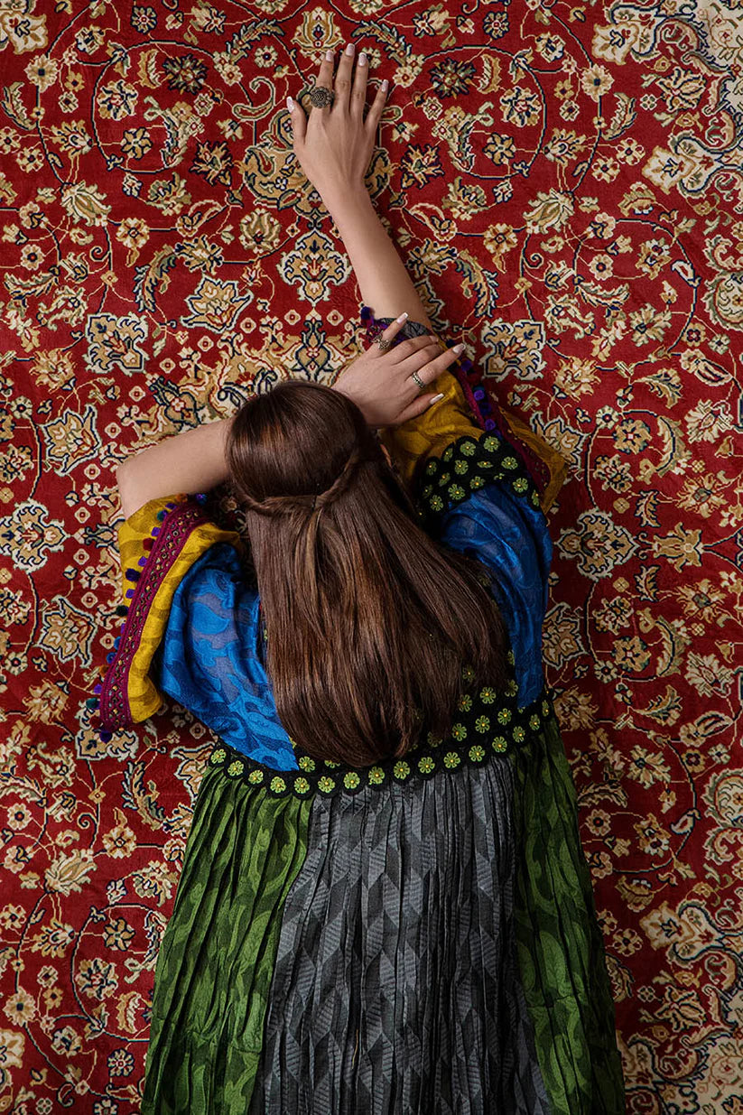 P-303 - Long Kaftan with dupatta and trouser - Multicolor