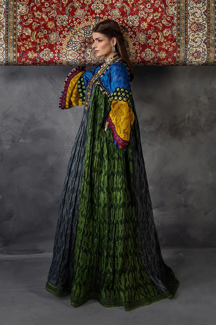 P-303 - Long Kaftan with dupatta and trouser - Multicolor