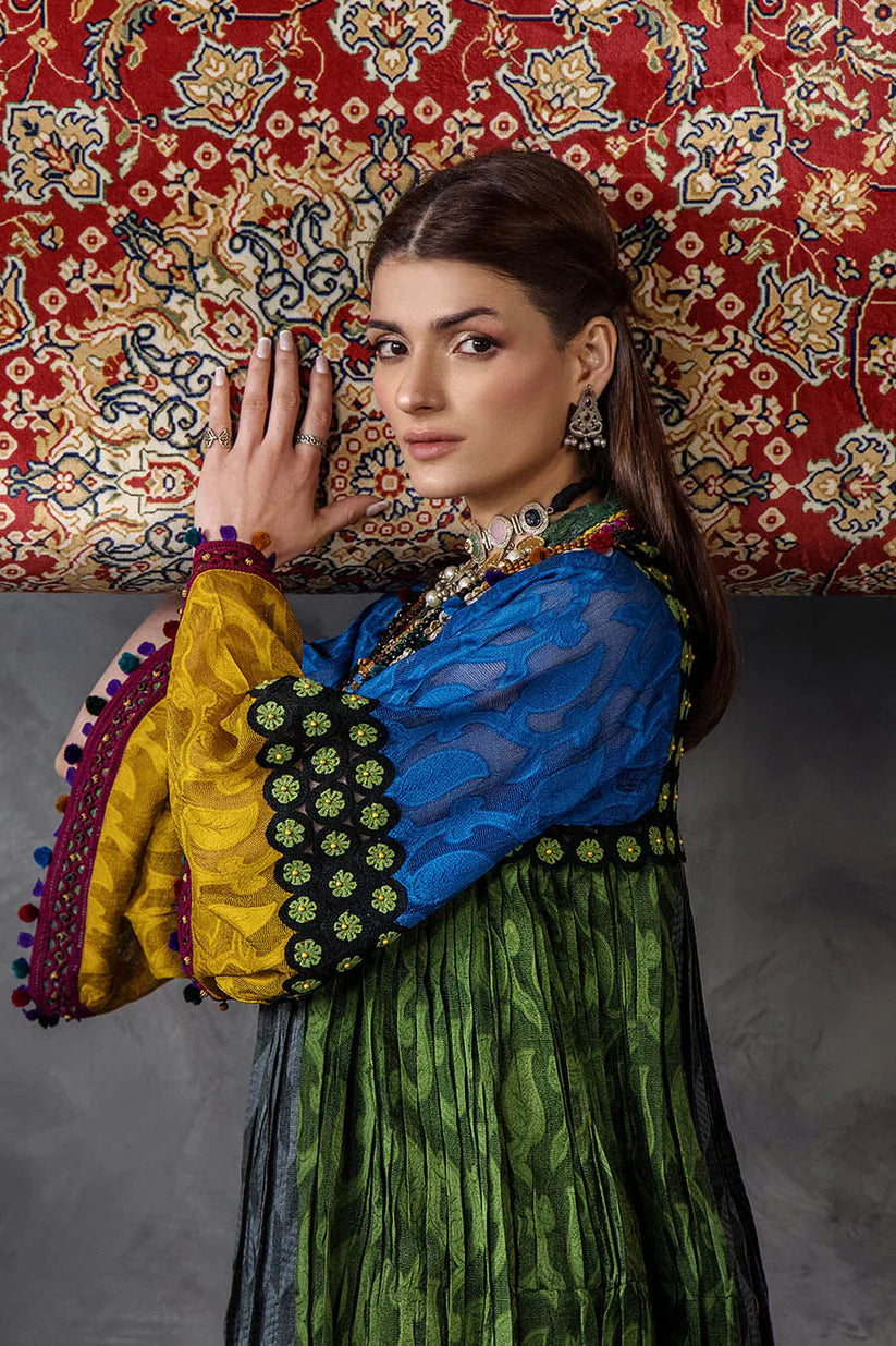 P-303 - Long Kaftan with dupatta and trouser - Multicolor