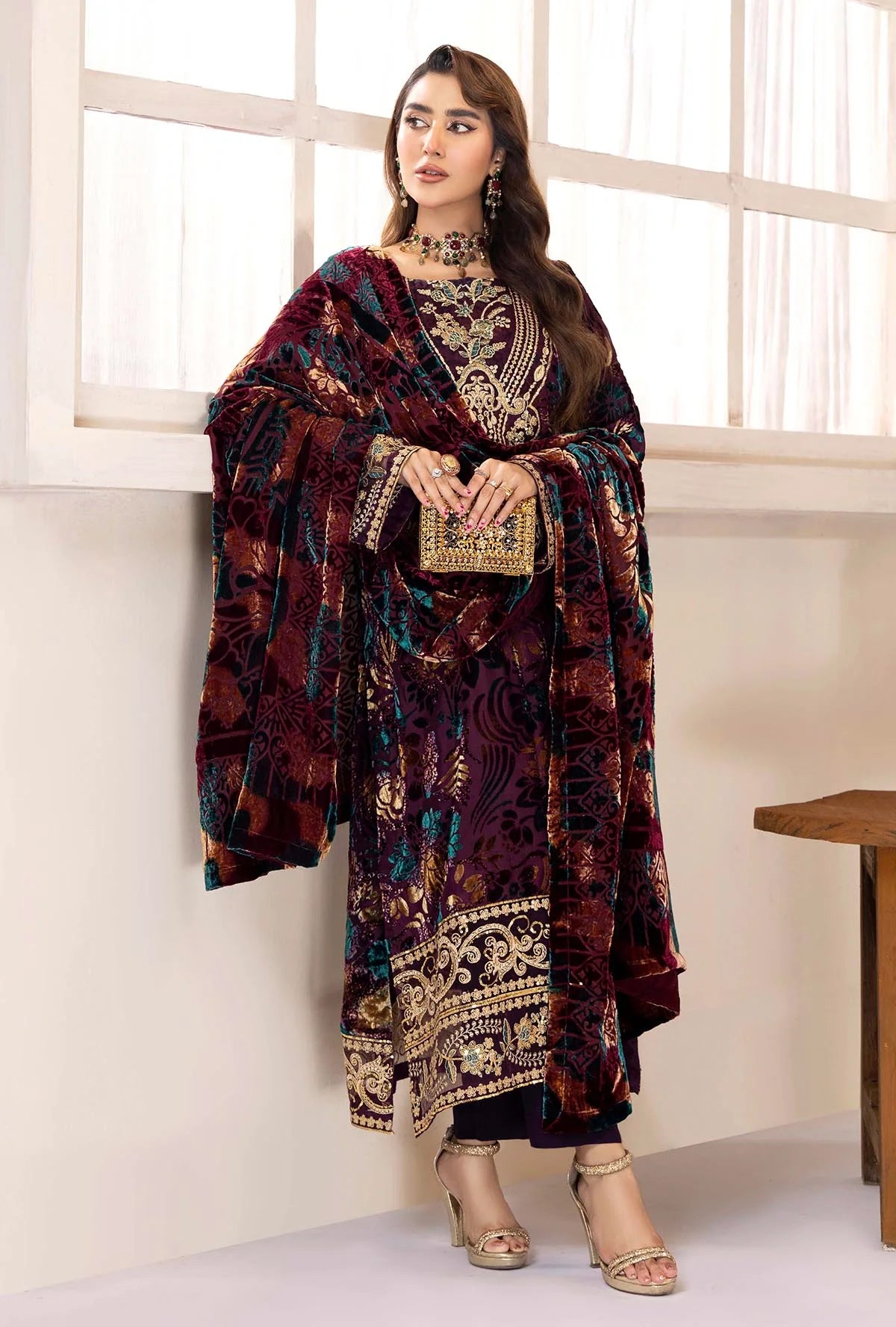 Livid Brown Stitched Embroidered Micro-Velvet Salwar Kameez and Dupatta