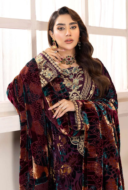 Livid Brown Stitched Embroidered Micro-Velvet Salwar Kameez and Dupatta